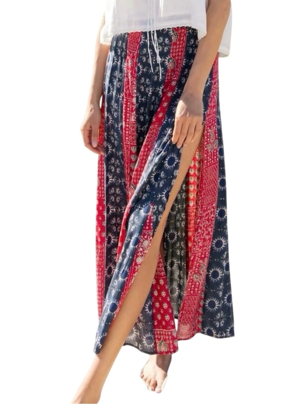Natural Life Patchwork Boho Maxi Skirt Red Navy Medium NWT Summer Vacation